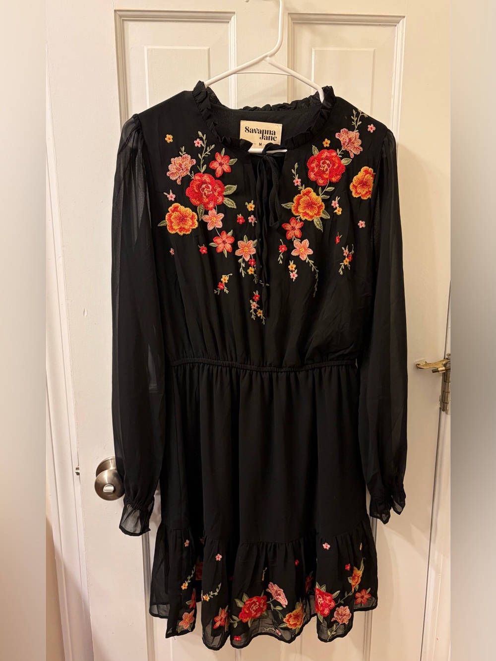 Savanna Jane Black Long Sleeve Floral Embroidered Dress